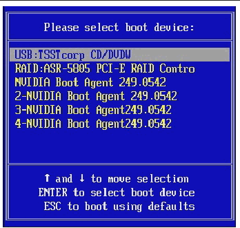 Screenshot of Boot Device Menu, including devices and available network slots