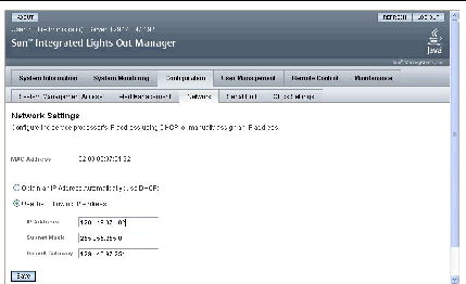 Graphic showing ILOM GUI with the Configuration and Network tabs chosen, and with the Use the Following IP Address button selected.