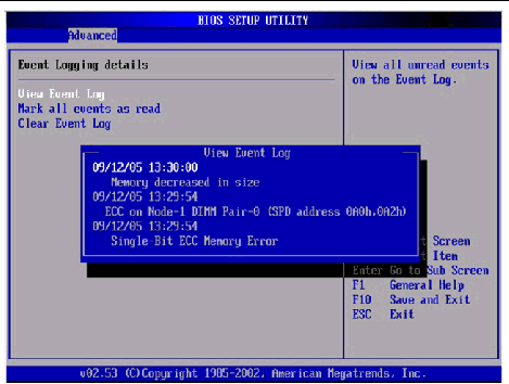 Graphic showing a sample DMI log screen, with a correctable error and memory decreased message.