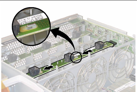 Pushing the fan connector board toward the chassis center to disengage it from the front I/O board connector and the chassis tabs.