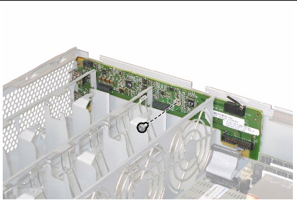 Removing the single screw that secures the front I/O board. 