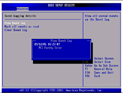 Graphic showing a sample DMI log screen, with a PCI parity error shown.