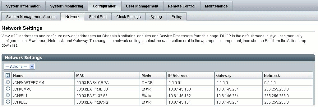 ILOM CMM - Network Setting Page