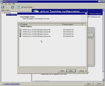 Graphic showing the Ethernet Teaming list in
the NVIDIA Control Panel.