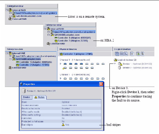 Figure shows several screen shots with callouts to highlight the locations of the yellow error icons.