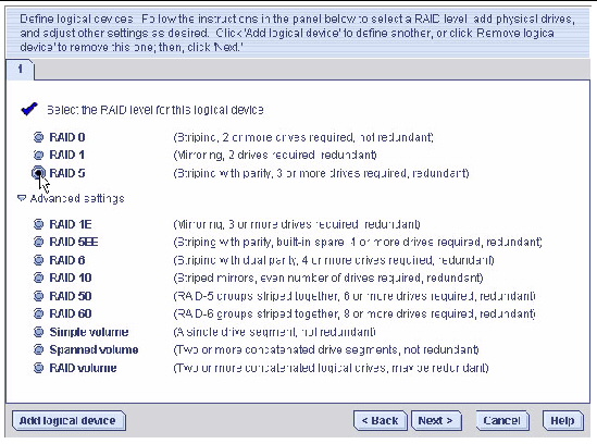 Screen shot shows the available RAID levels and buttons to select advanced settings. RAID 5 is selected.