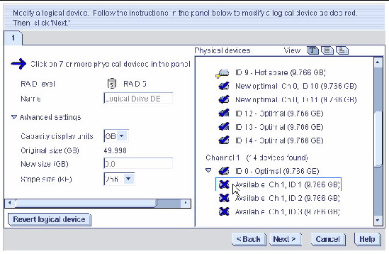 Screen shot shows drives with X’s over them. A callout says “Flashing arrow prompts you to replace the deseleced disk drive.”