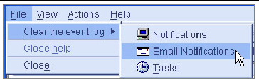 Screen shot that depicts how to clear the event log of email notifications.