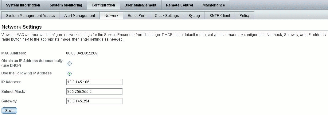 ILOM SP - Network Settings Page