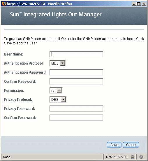 Graphic showing an ILOM Add SNMP User dialog