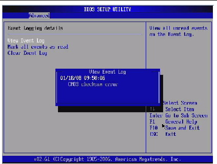 Graphic showing BIOS Setup Utility: Advanced -view event log