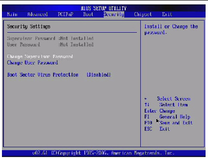 Graphic showing BIOS Setup Utility: Security -change password.