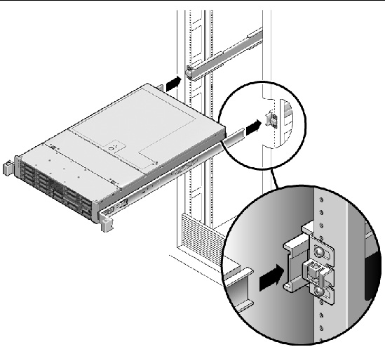 Figure showing how to place the server in to the rack.