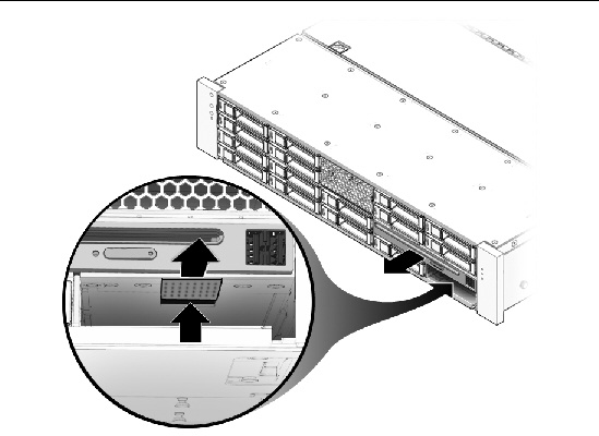 Figure showing how to remove a DVD/USB (Sun Fire X4240).