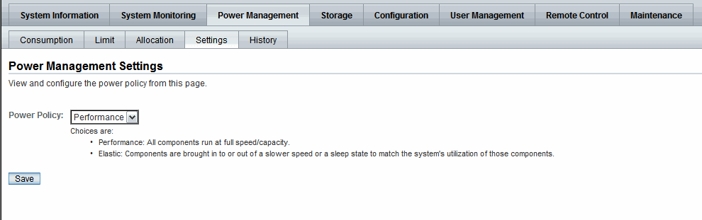Power Policy properties on Settings web interface tab for SPARC servers 