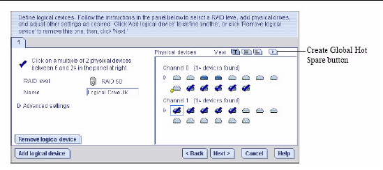 Screen shot shows the drives installed with a callout for the Create Global Hot Spare button.