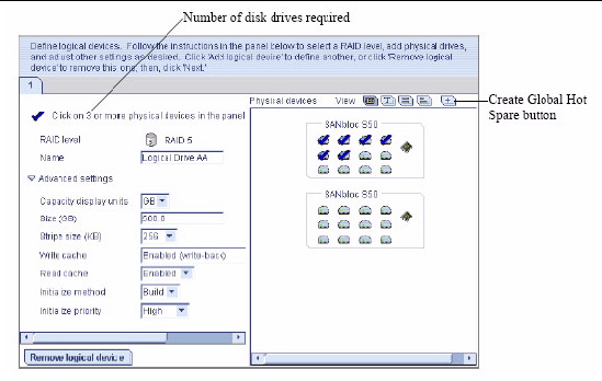 Screen shot shows the drives installed in the enclosures. The number of disk drives required is pointed out.