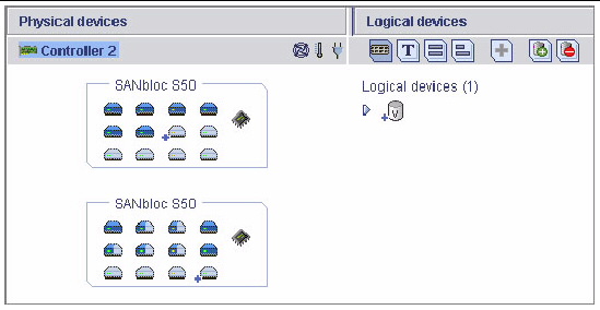 Screen shot shows the physical and logical devices on the HBA.