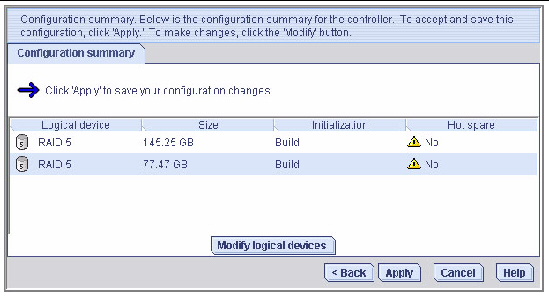 Scren shot shows a summary of the configuration and allows the user to choose between accepting it or clicking a button to modify it.