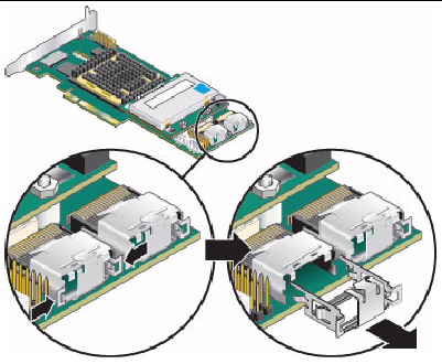 Figure depicting how to remove the safetey clips from the internal SAS connectors.