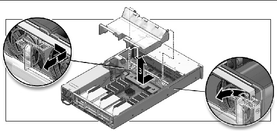 Figure showing how to remove an air baffle (Sun Fire X4250).