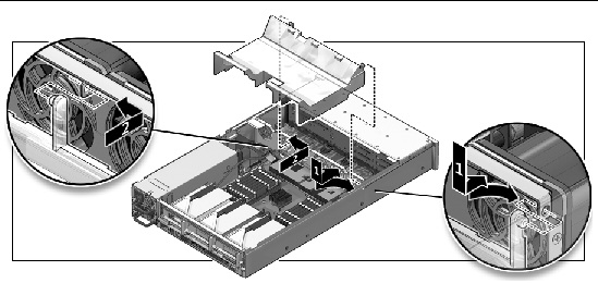 Figure showing how to install an air baffle (Sun Fire X4250).