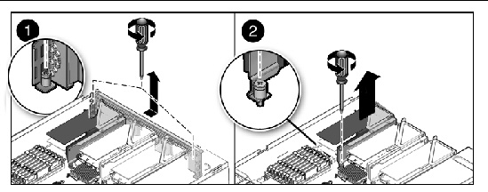 Figure showing how to remove a PCIe riser (Sun Fire X4250).