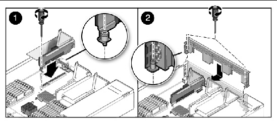 Figure showing how to install a PCIe riser (Sun Fire X4250).