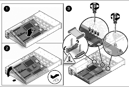 Figure showing how to install a motherboard (Sun Fire X4250).