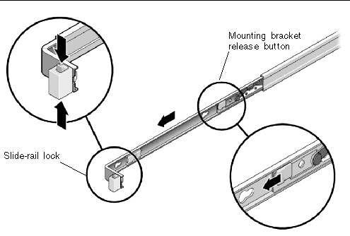 Graphic showing slide-rail lock tabs being squeezed and mounting bracket extended.