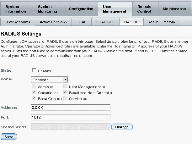 RADIUS Settings page