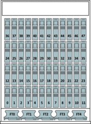 Diagram showing the locations of the disk drive
and fan tray LEDs of the Sun Fire X4500 server.