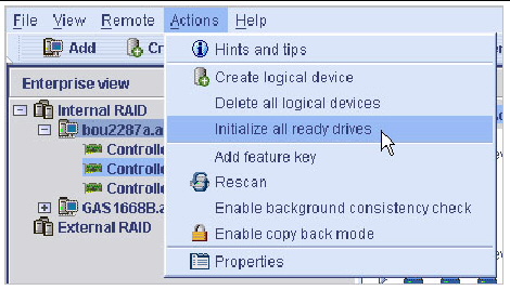 Screen shot of the Initizlize all ready drives menu option.