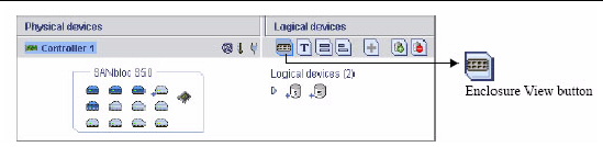 Figure highlighs the Enclosure View button in the Logical devices part of the screen.