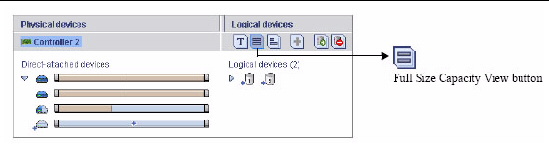Figure highlighs the Full Size Capacity View button in the Logical devices part of the screen.