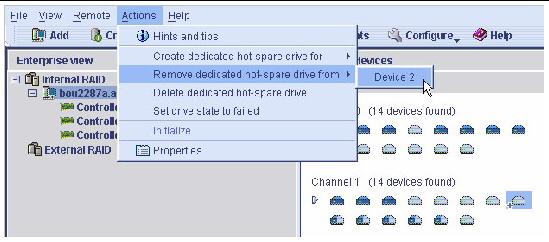 Screen shot of the Remove dedicated hot-spare drive from device menu option.