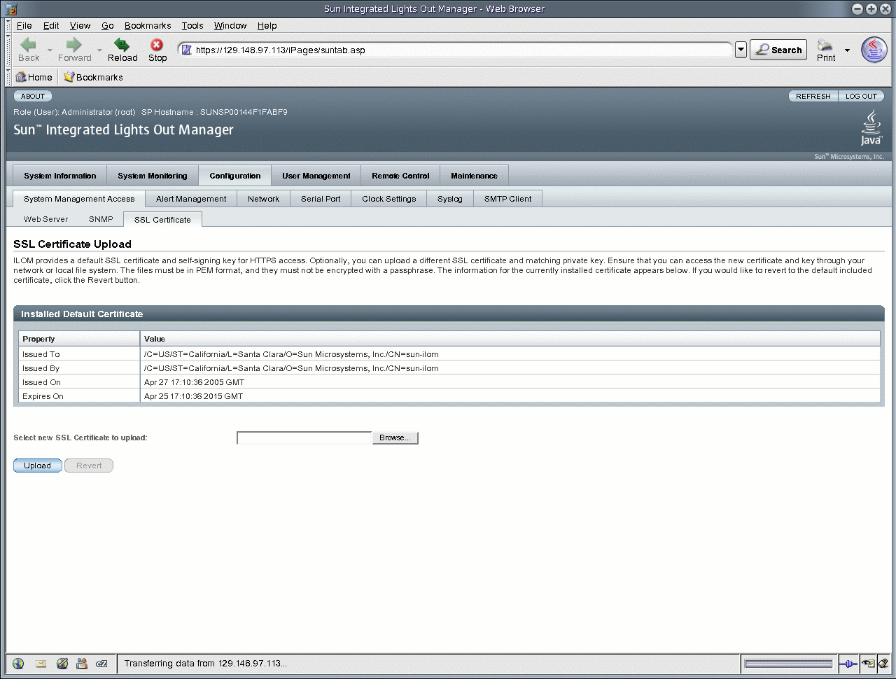 Graphic showing ILOM SSL Upload Certificate page