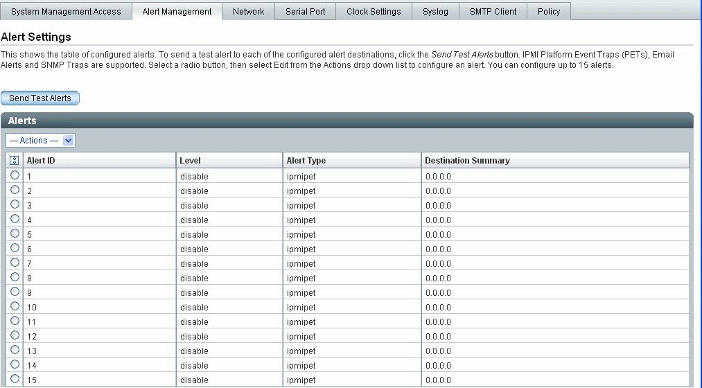 Alert Management Page Example in ILOM Web Interface