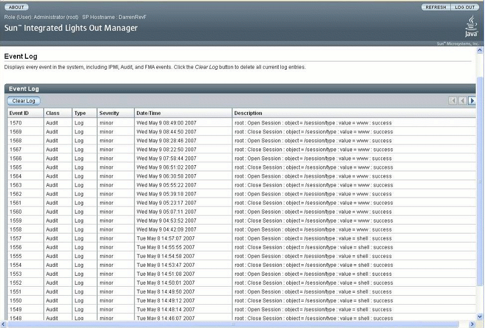 ILOM Event Log Example in ILOM Web Interface