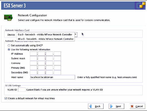 ESX Server 3 Network Configuration dialog box.