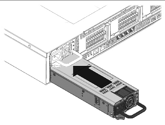 Figure showing how to insert a power supply (Sun Fire X4440).