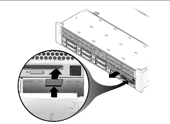 Figure showing how to remove a DVD/USB (Sun Fire X4440).