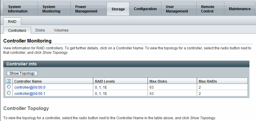 RAID controller configuration details.