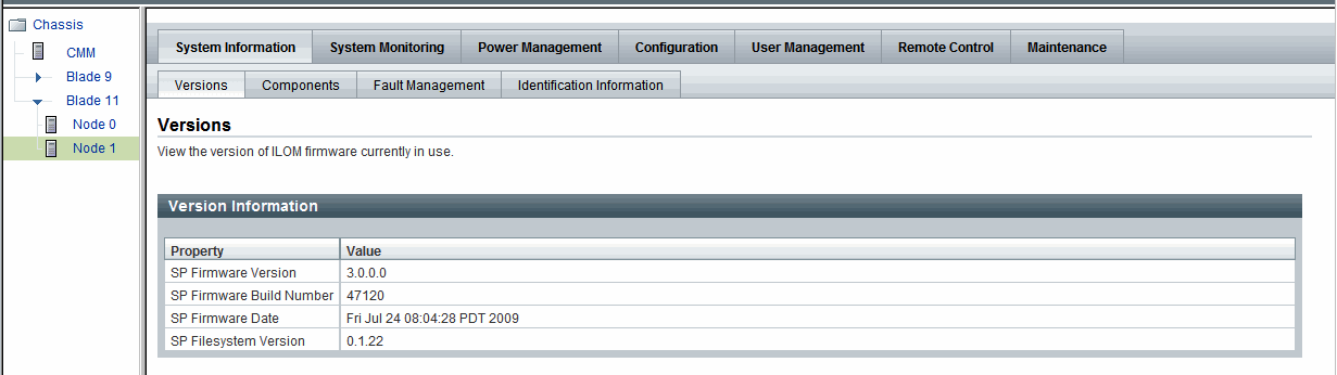 Example blade settings with two dedicated SPs as of ILOM 3.0.10 Node1 running ILOM 3.0.0