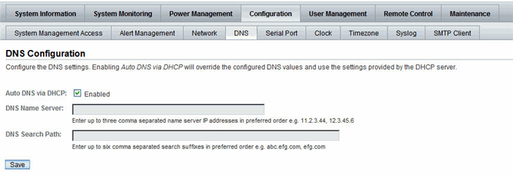 DNS Settings page with name server and search path assigned manually