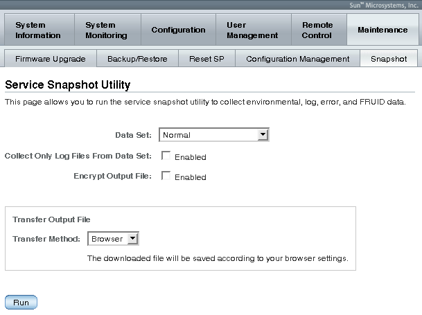 Snapshot-Data Collector Page Service Snapshot Utility page