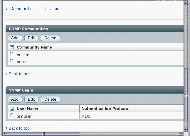 Screen shot of the ILOM SNMP web interface for adding, editing, and deleting communities and users.