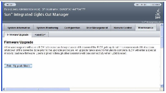 Figure shows the ILOM Firmware Upgrade screen.