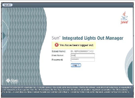 Graphic showing ILOM web GUI logout screen.