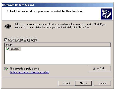 Screen shot of the Hardware Update Wizard Select Driver dialog box